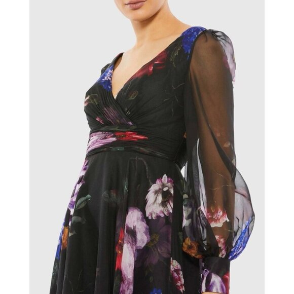 Mac Duggal Size 6 Black Floral 67872 Chiffon Long Sleeve Evening Gown Dress $598 - Picture 3 of 13